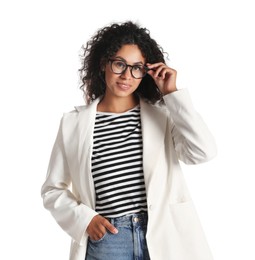 Photo of Beautiful woman in stylish jacket on white background