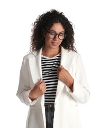 Beautiful woman in stylish jacket on white background