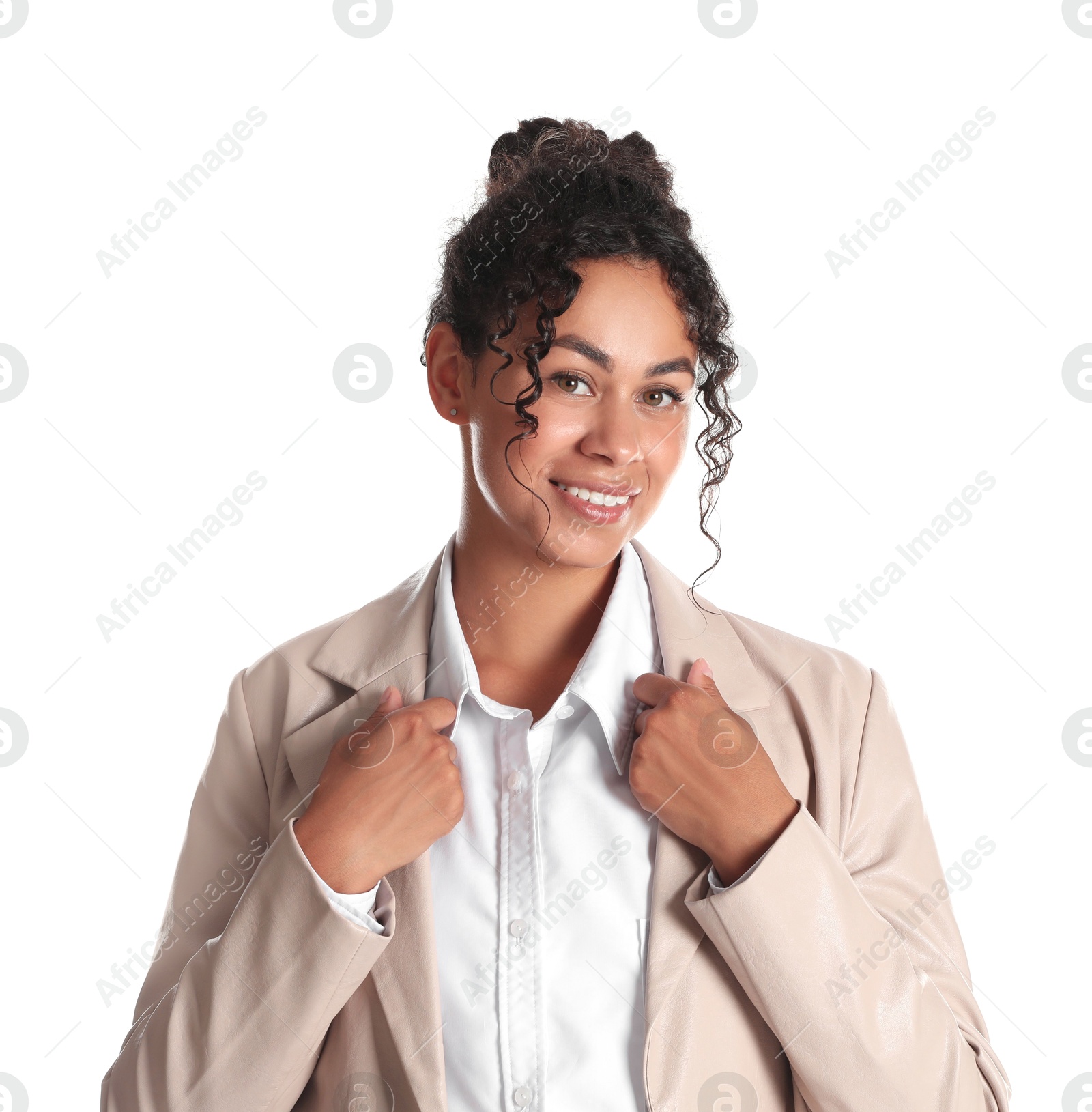 Photo of Beautiful woman in stylish jacket on white background