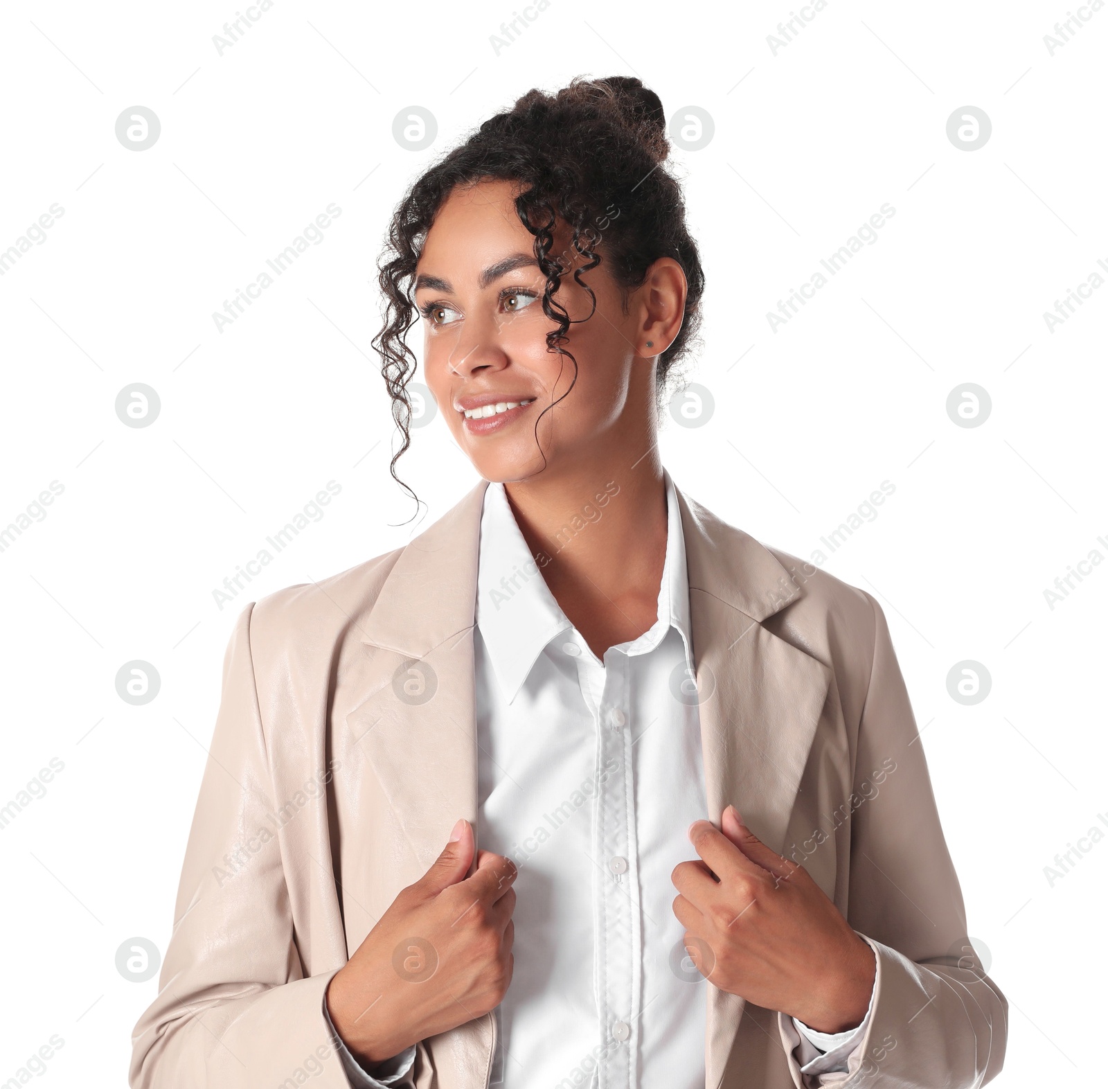 Photo of Beautiful woman in stylish jacket on white background