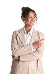 Photo of Beautiful woman in stylish jacket on white background