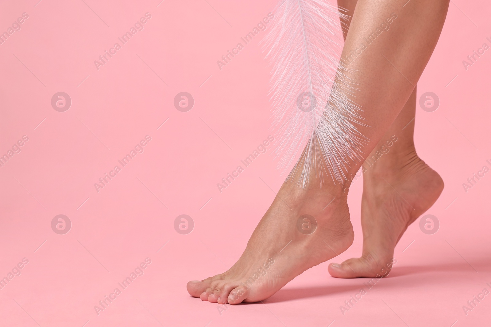 Photo of Woman with smooth feet and feather on pink background, closeup. Space for text