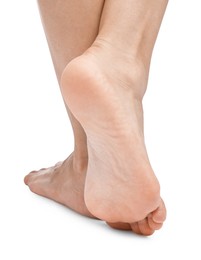 Photo of Woman with smooth feet on white background, closeup