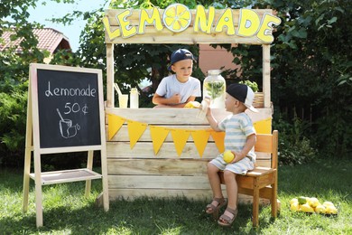 Cute boys near lemonade stand in park