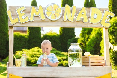 Photo of Cute little boy with refreshing drink at lemonade stand in park