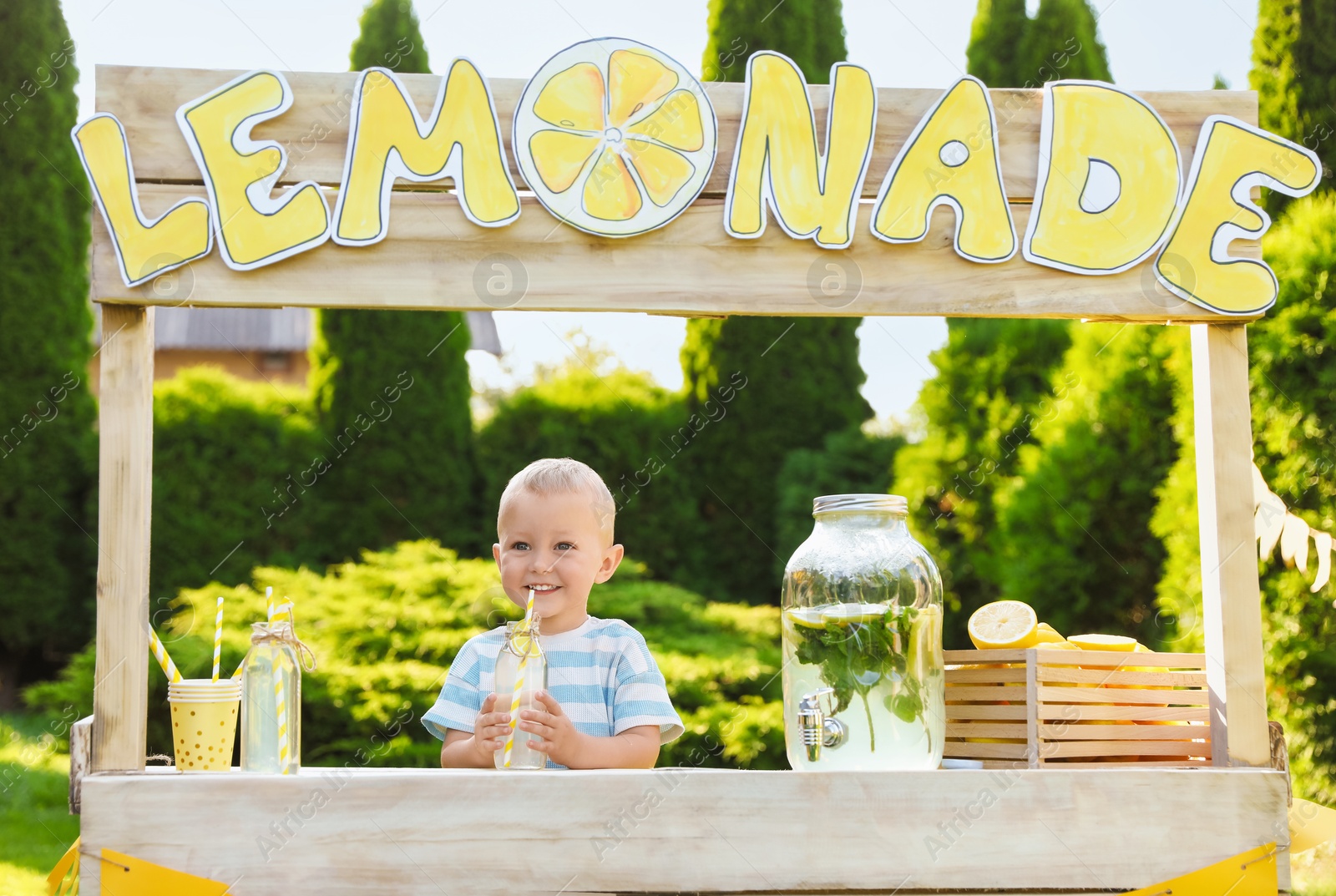 Photo of Cute little boy with refreshing drink at lemonade stand in park