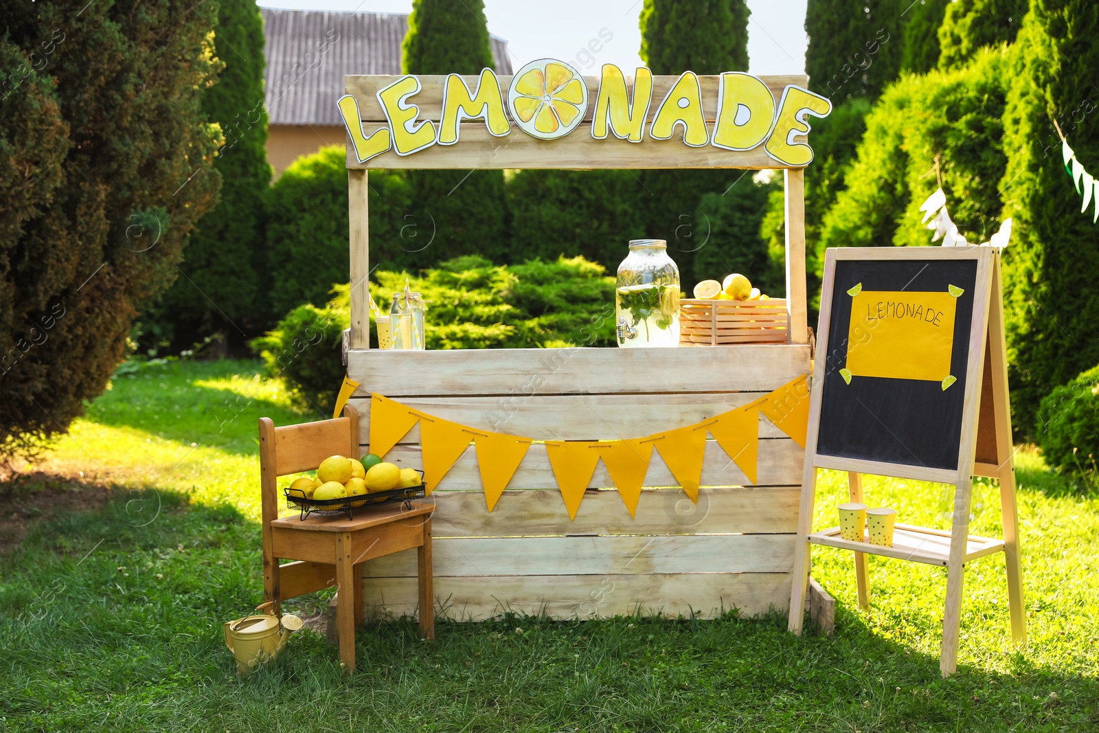 Photo of Lemonade stand with refreshing drink and fresh fruits in park