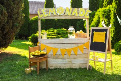 Lemonade stand with refreshing drink and fresh fruits in park