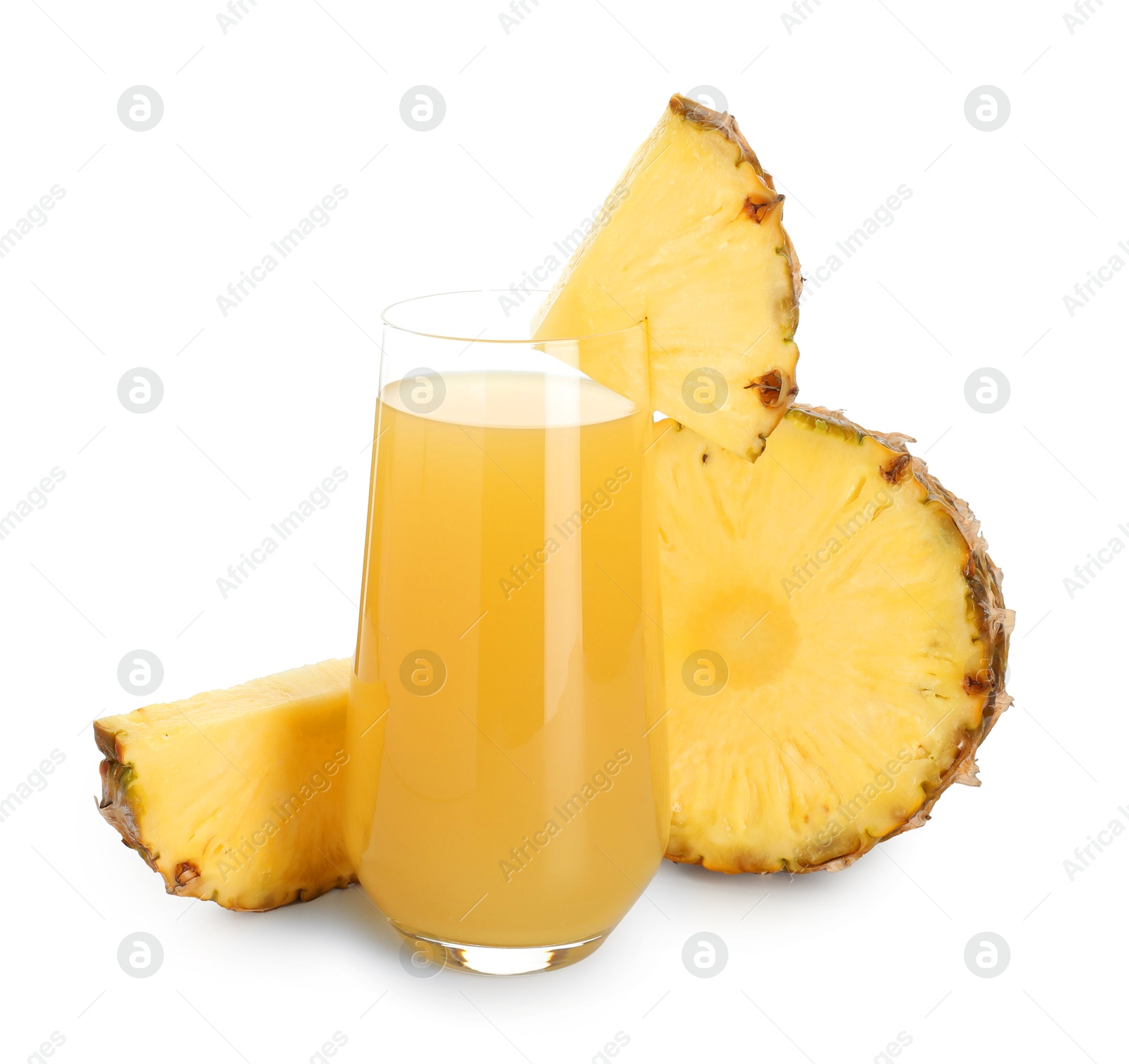 Photo of Glass with pineapple juice and pieces of fresh fruit isolated on white