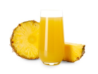 Photo of Glass with pineapple juice and pieces of fresh fruit isolated on white