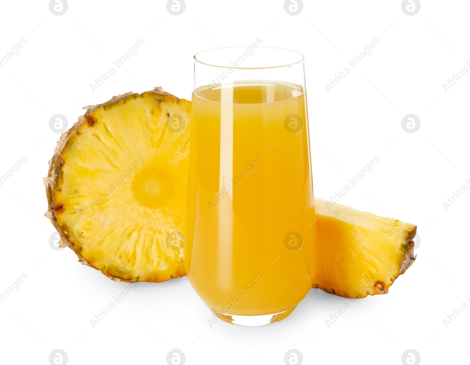 Photo of Glass with pineapple juice and pieces of fresh fruit isolated on white