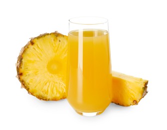 Photo of Glass with pineapple juice and pieces of fresh fruit isolated on white