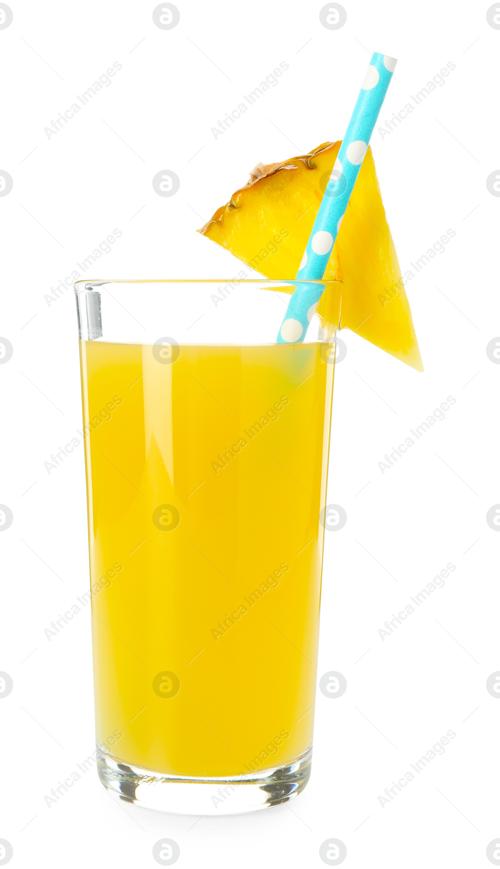 Photo of Glass with pineapple juice, straw and piece of fresh fruit isolated on white