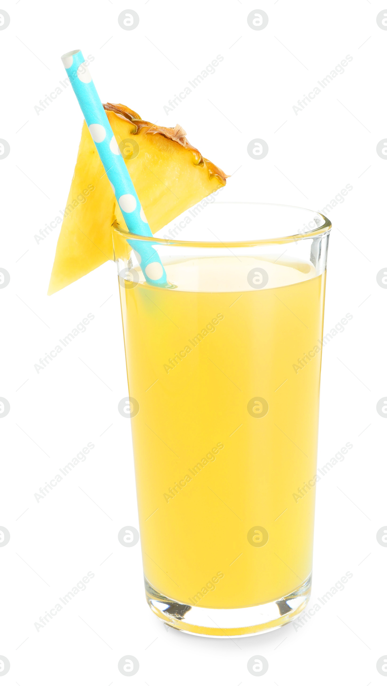 Photo of Glass with pineapple juice, straw and piece of fresh fruit isolated on white