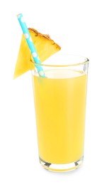 Photo of Glass with pineapple juice, straw and piece of fresh fruit isolated on white