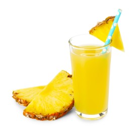 Photo of Glass with pineapple juice, straw and pieces of fresh fruit isolated on white