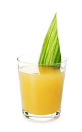 Photo of Glass of tasty pineapple juice with leaf isolated on white