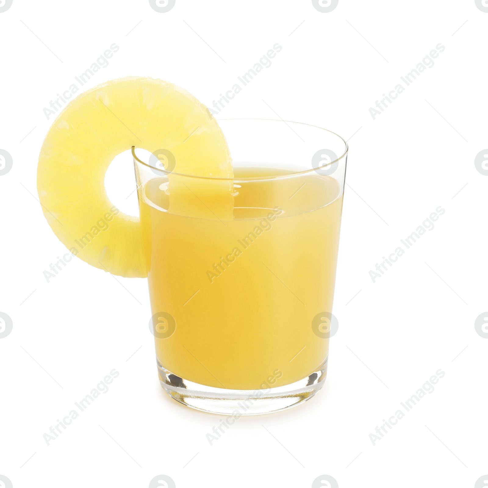 Photo of Glass with pineapple juice and piece of fresh fruit isolated on white