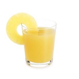 Photo of Glass with pineapple juice and piece of fresh fruit isolated on white