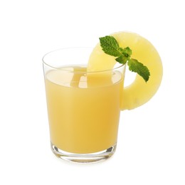 Photo of Glass with pineapple juice and piece of fresh fruit isolated on white