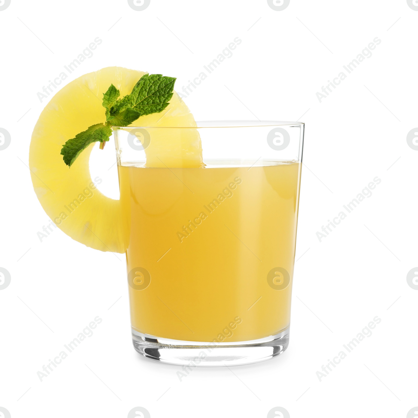 Photo of Glass with pineapple juice and piece of fresh fruit isolated on white