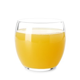 Photo of Glass with tasty pineapple juice isolated on white