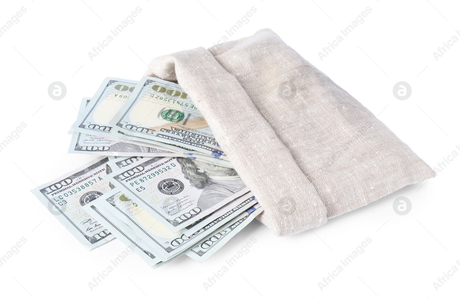 Photo of Dollar banknotes in bag isolated on white