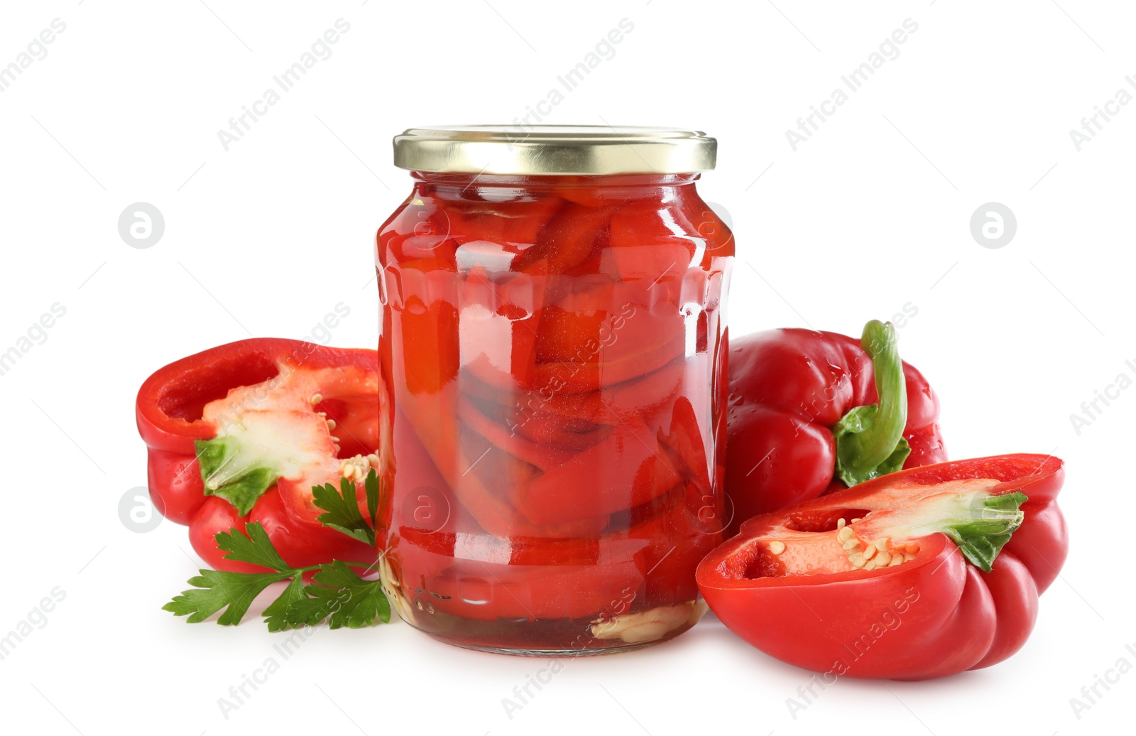 Photo of Tasty pickled bell peppers in jar and fresh ingredients isolated on white