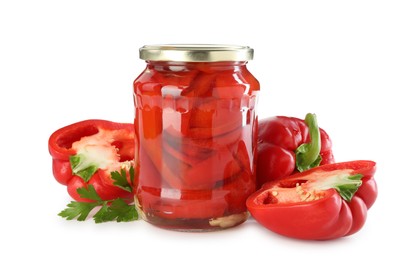 Photo of Tasty pickled bell peppers in jar and fresh ingredients isolated on white