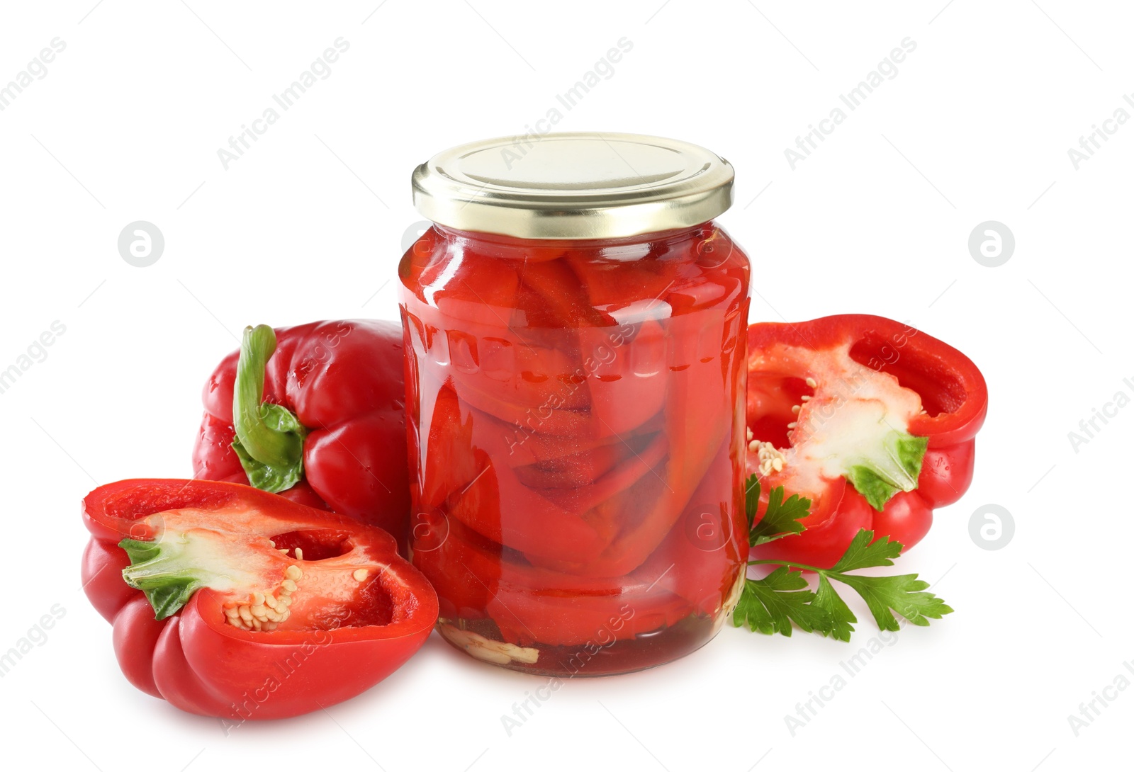 Photo of Tasty pickled bell peppers in jar and fresh ingredients isolated on white