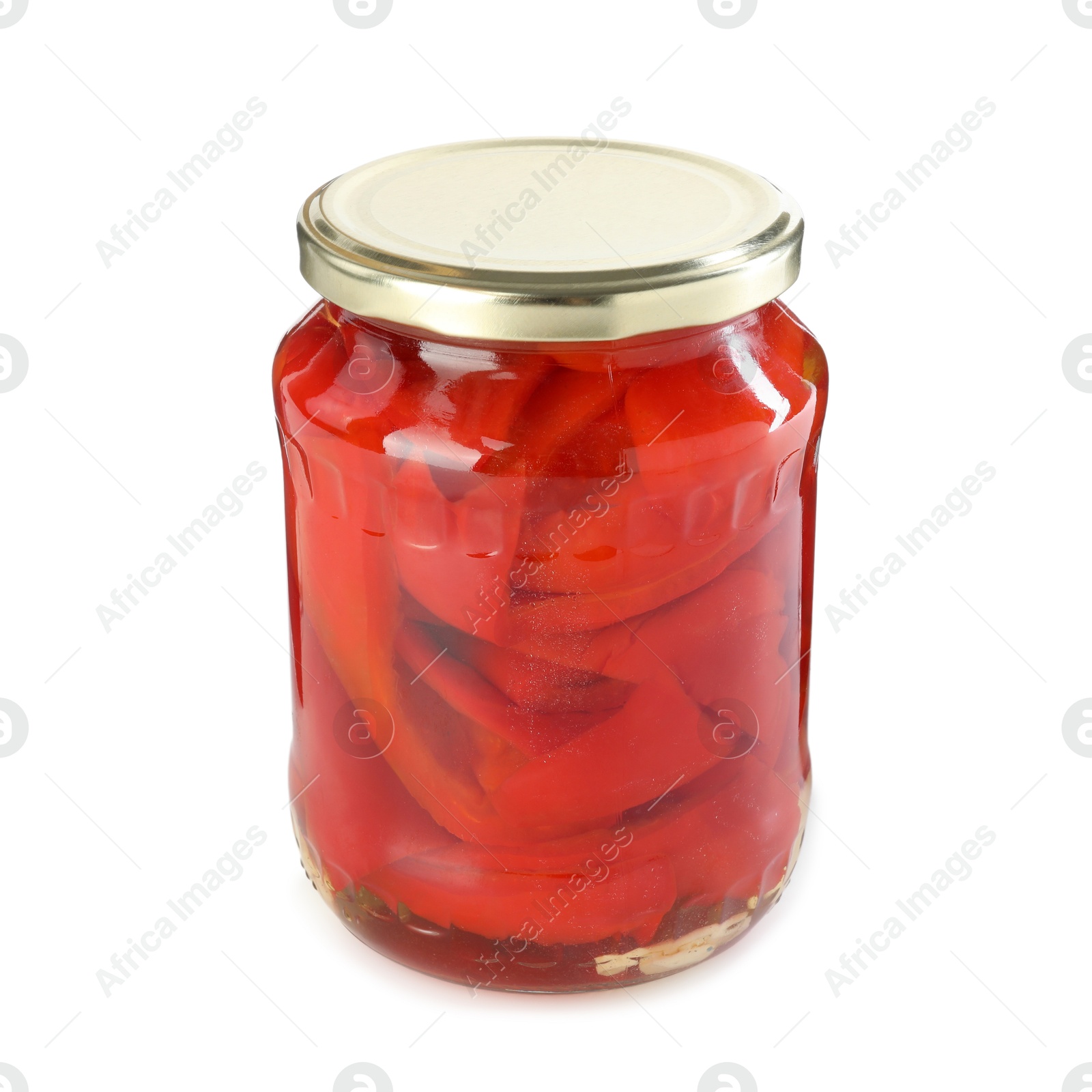 Photo of Tasty pickled bell peppers in jar isolated on white