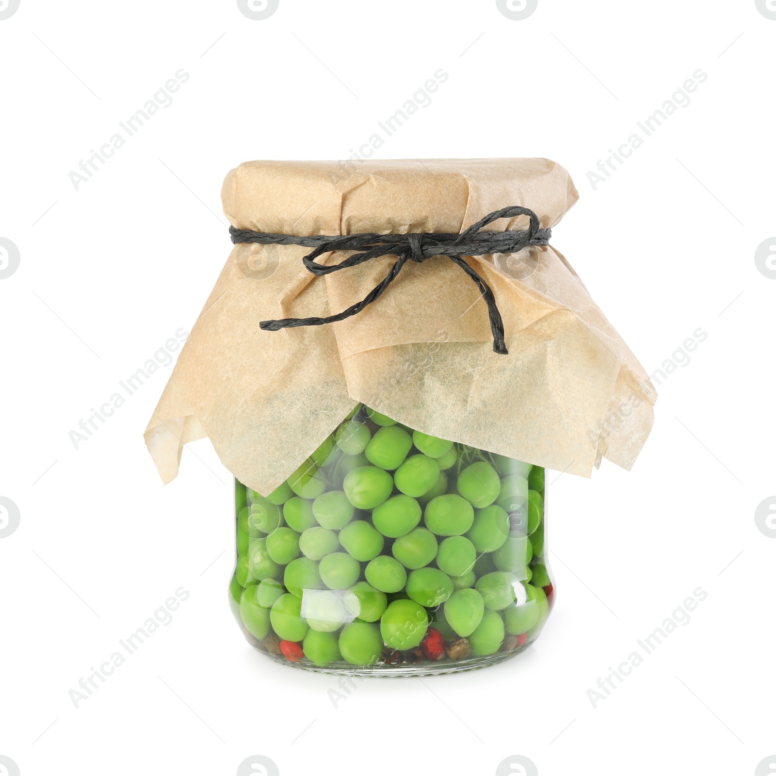 Photo of Tasty pickled peas in jar isolated on white