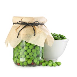 Photo of Tasty pickled peas in jar and fresh ingredients isolated on white