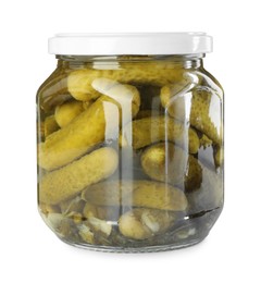 Photo of Tasty pickled cucumbers in jar isolated on white