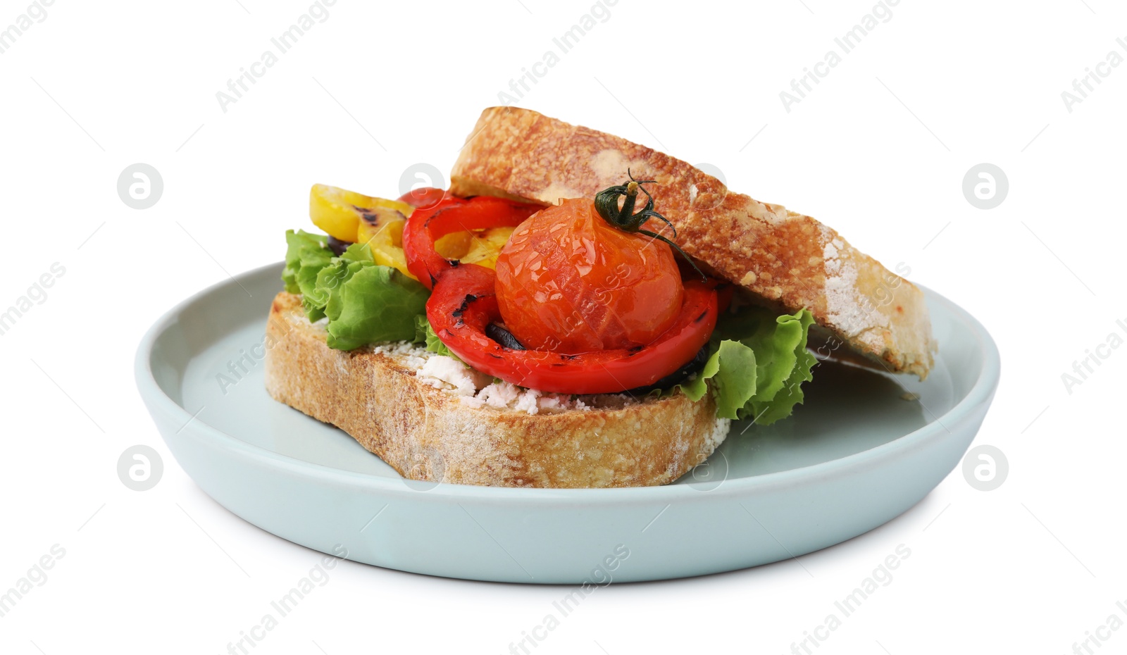 Photo of Tasty sandwich with grilled vegetables and cream cheese isolated on white