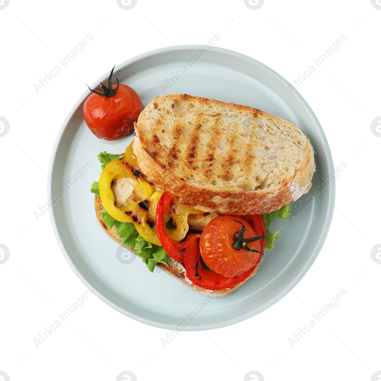 Photo of Tasty sandwich with grilled vegetables isolated on white, top view