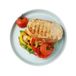 Photo of Tasty sandwich with grilled vegetables isolated on white, top view