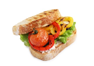 Tasty sandwich with grilled vegetables and cream cheese isolated on white