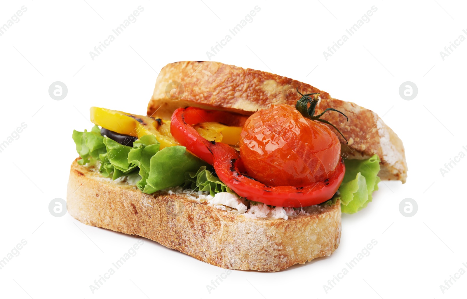 Photo of Tasty sandwich with grilled vegetables and cream cheese isolated on white