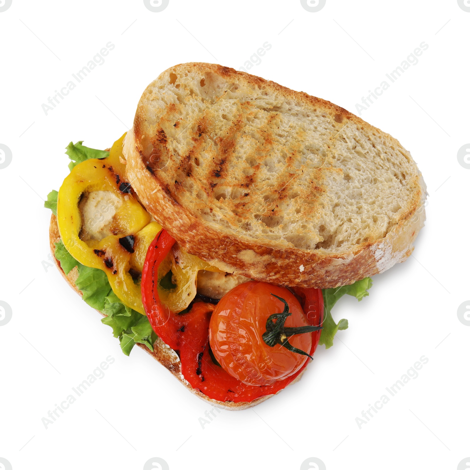 Photo of Tasty sandwich with grilled vegetables isolated on white, top view