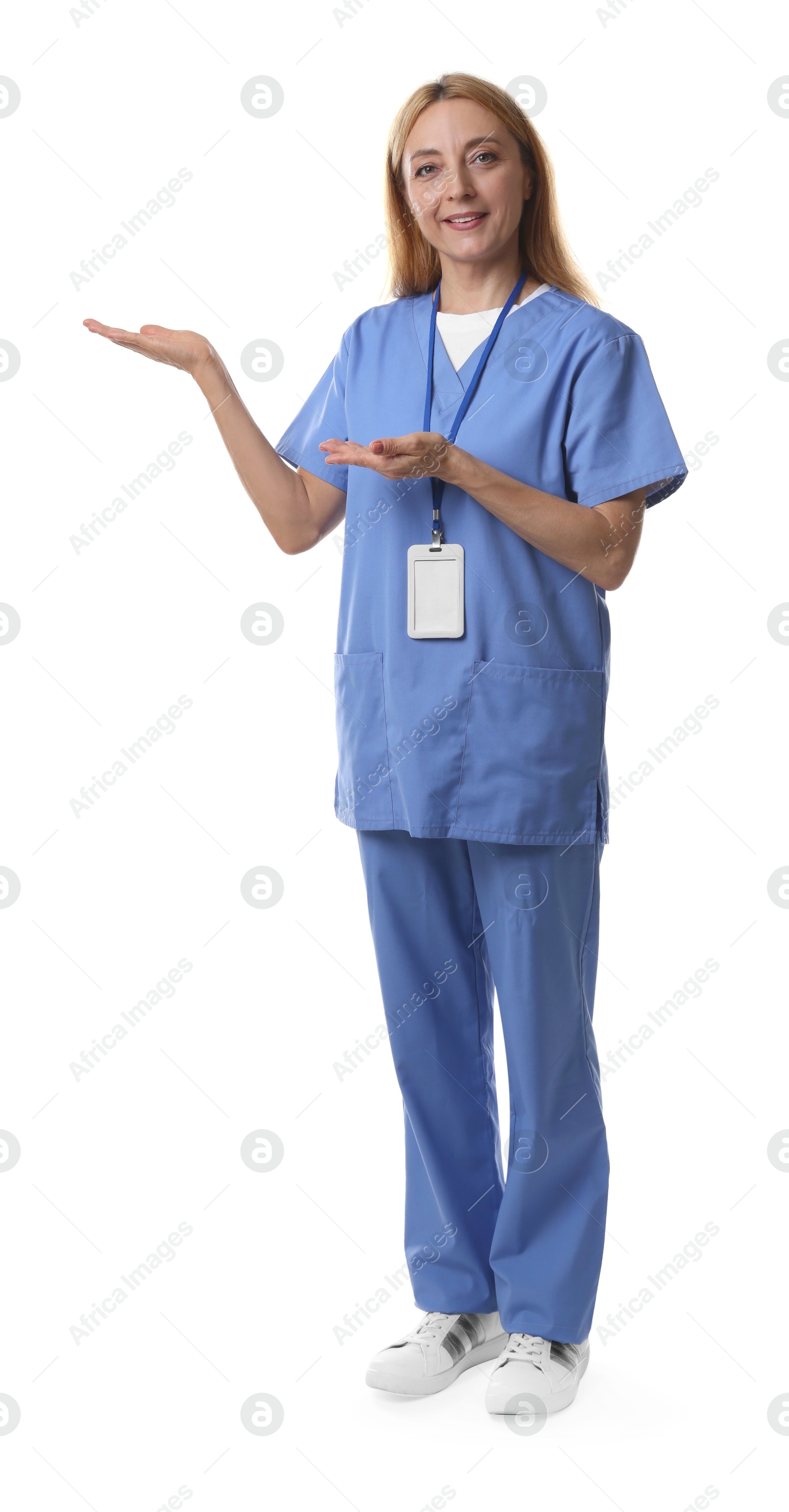 Photo of Doctor with badge showing something on white background