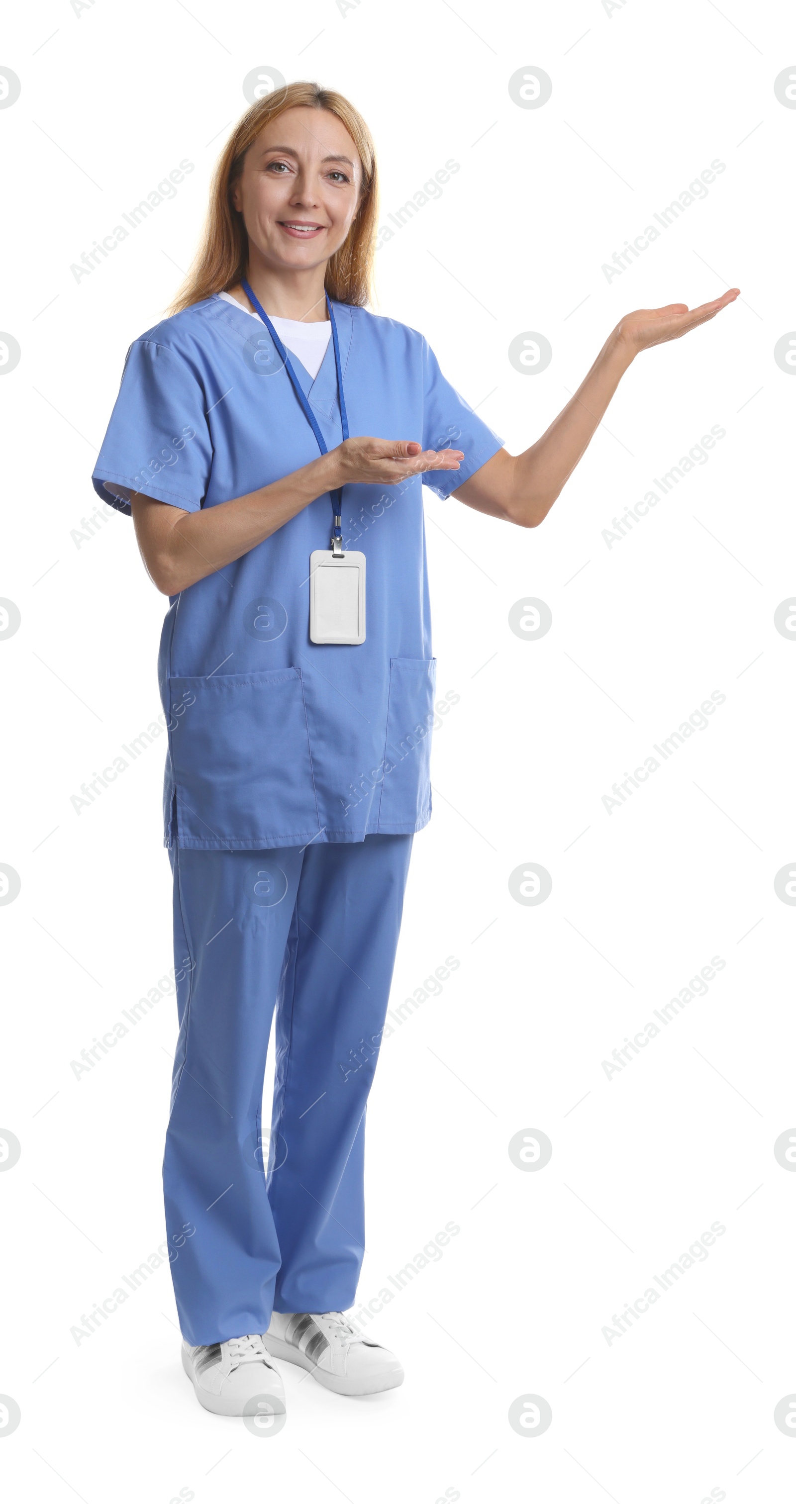 Photo of Doctor with badge showing something on white background