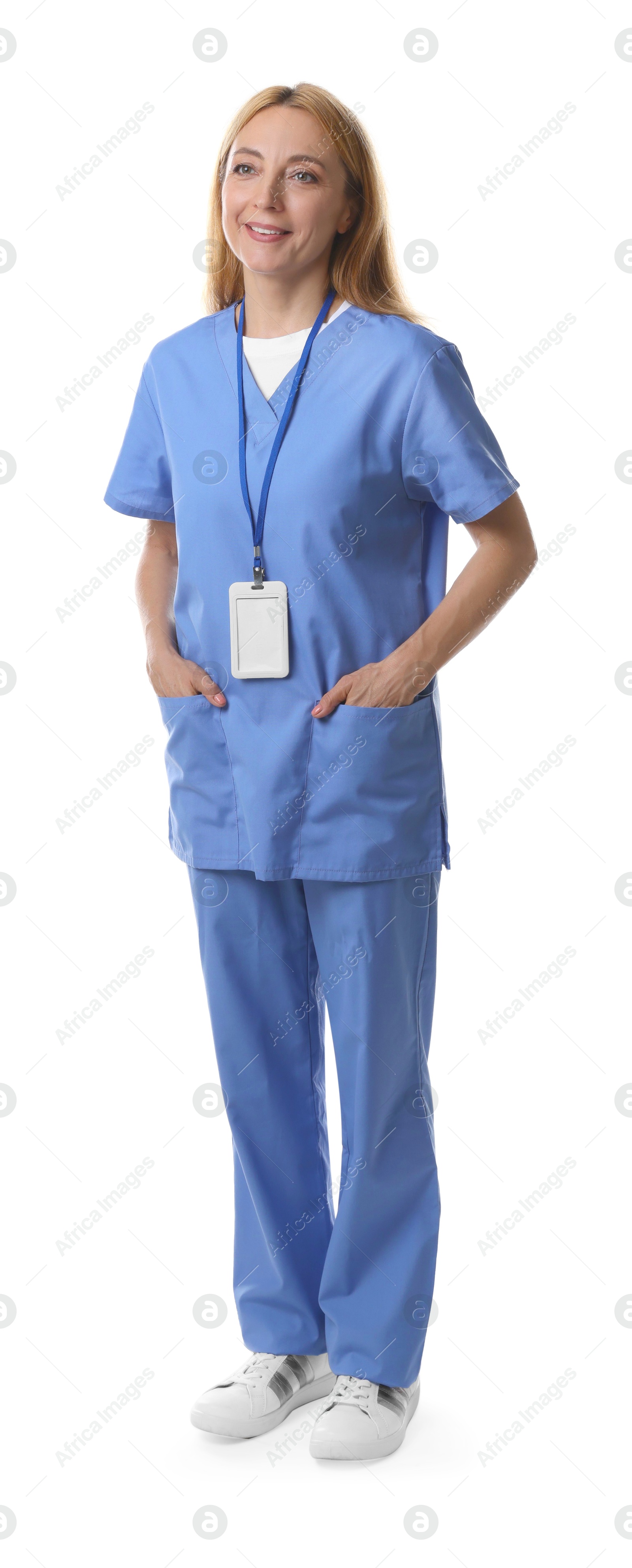 Photo of Smiling doctor with badge on white background