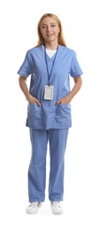 Photo of Smiling doctor with badge on white background