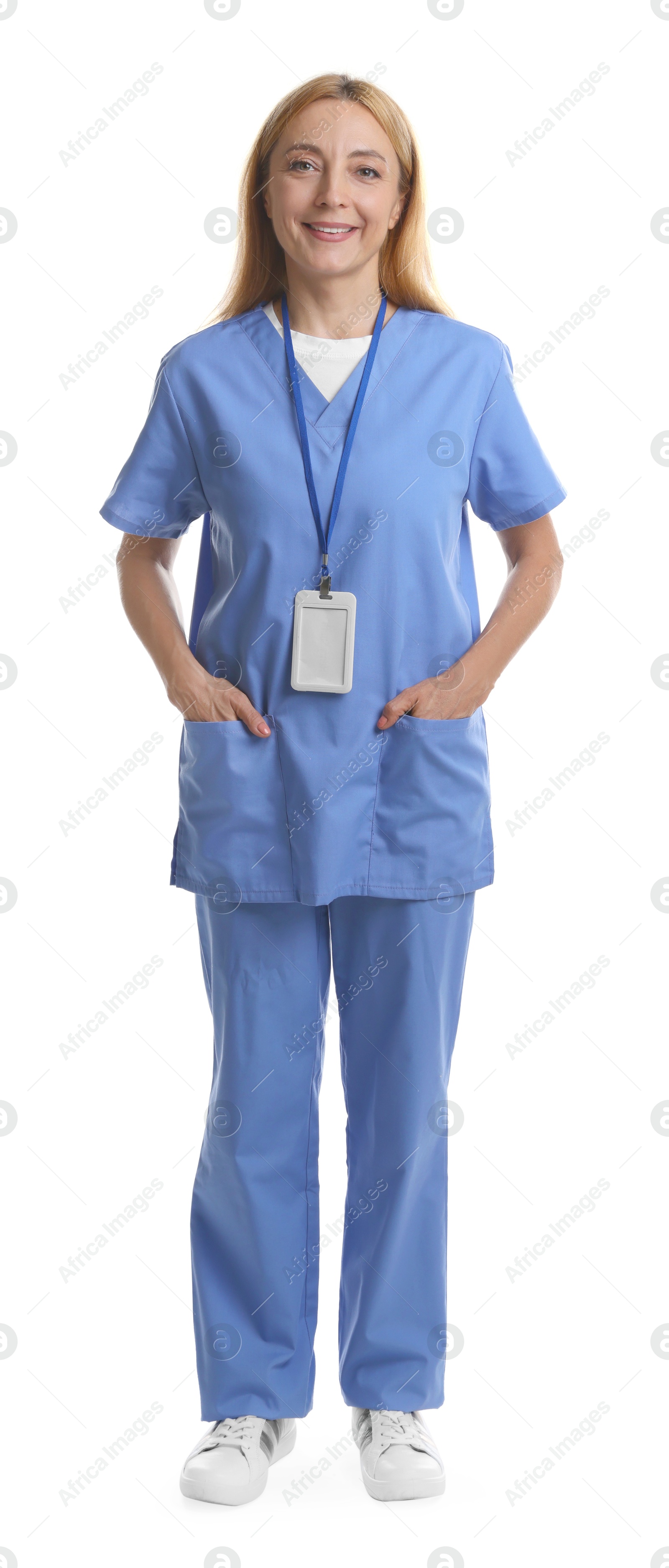 Photo of Smiling doctor with badge on white background