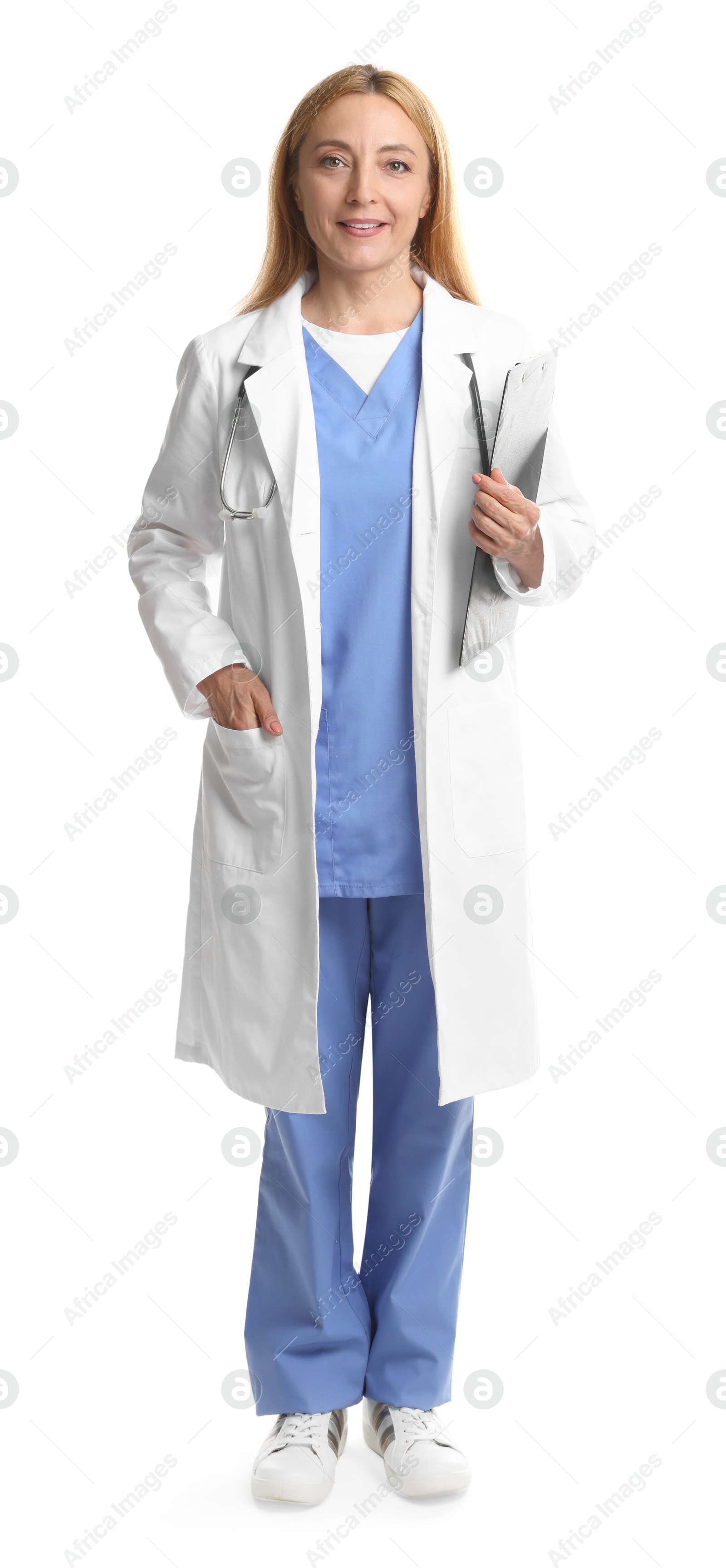 Photo of Doctor with stethoscope and clipboard on white background