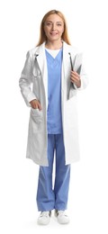 Doctor with stethoscope and clipboard on white background