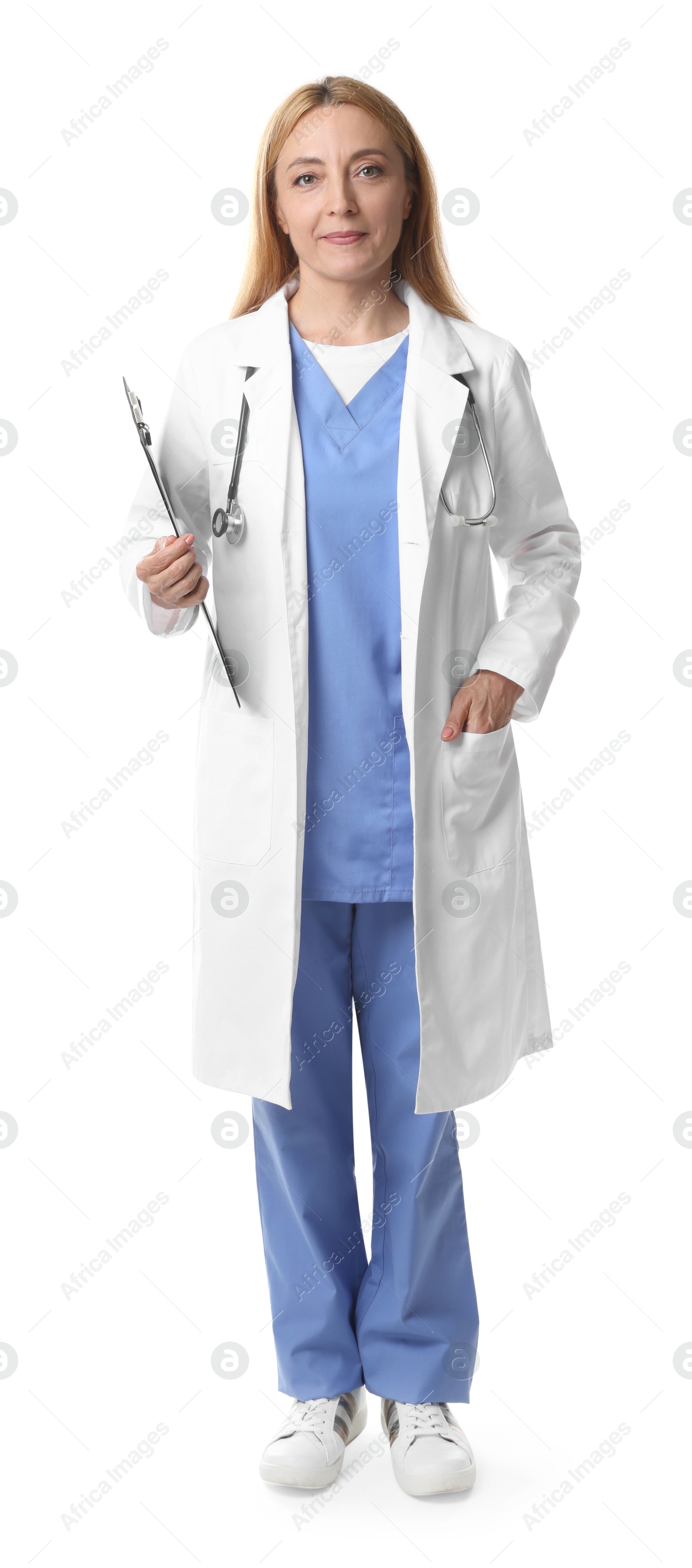 Photo of Doctor with stethoscope and clipboard on white background