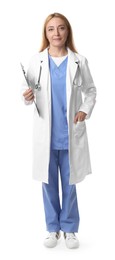 Photo of Doctor with stethoscope and clipboard on white background