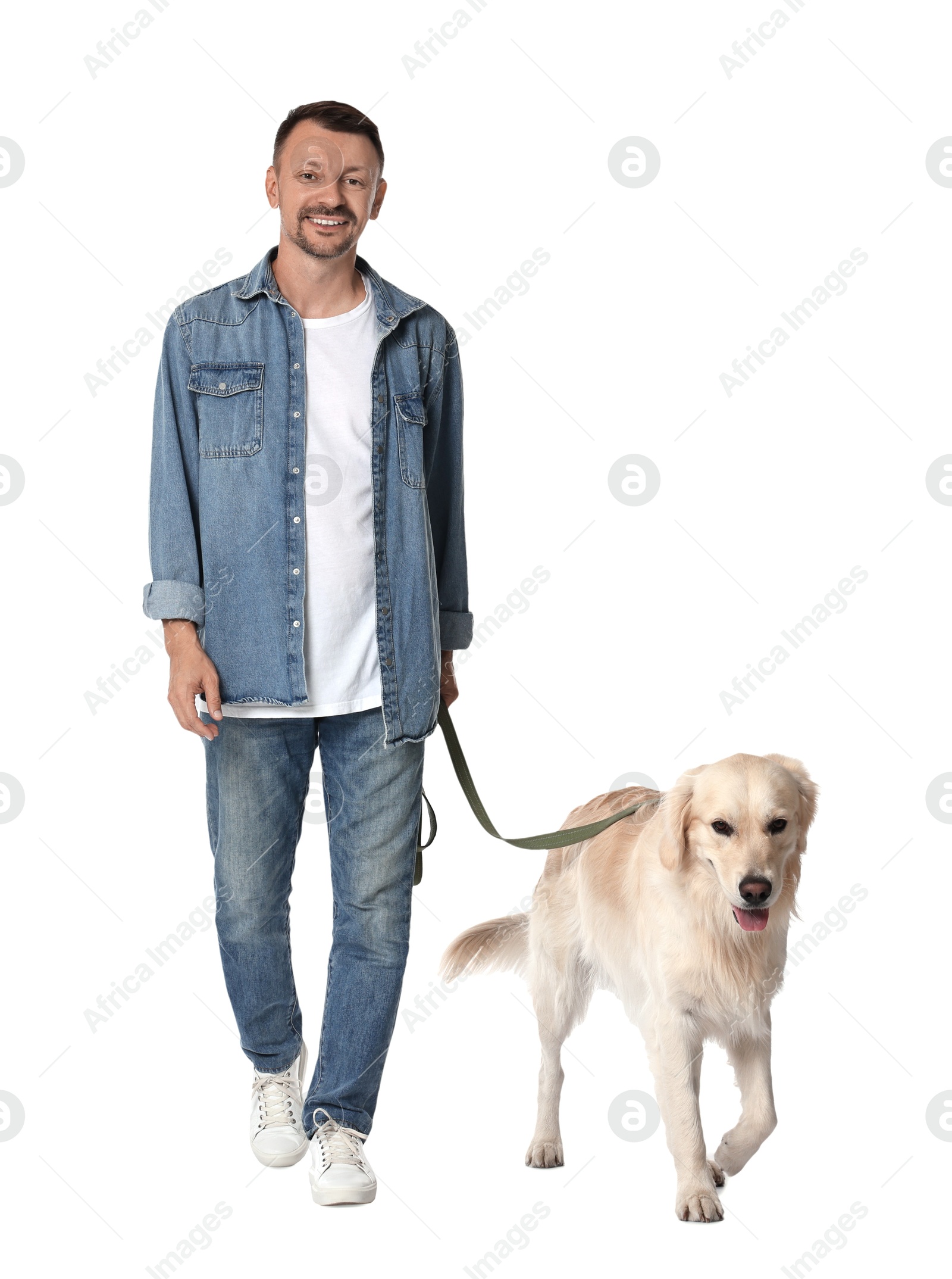 Photo of Walking with dog. Happy man with Golden Retriever on white background